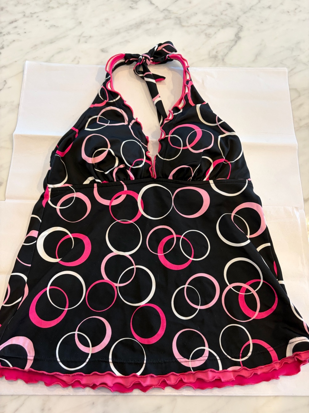 Black Swim tanking top with Pink & White Circle Print